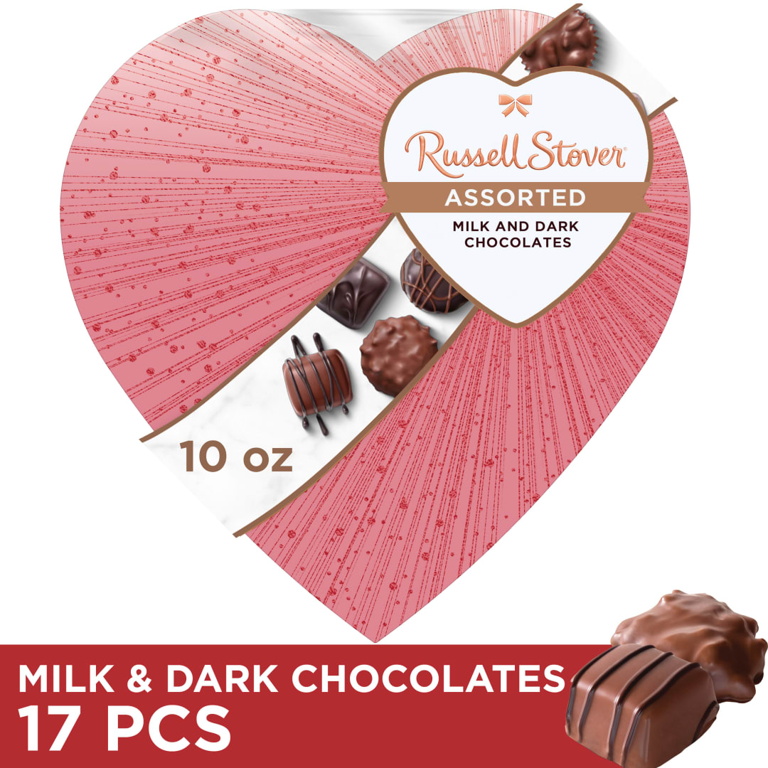 RUSSELL STOVER Valentine's Day Rose Gold Assorted Milk & Dark Chocolate Candy Heart Gift Box, 10 oz.