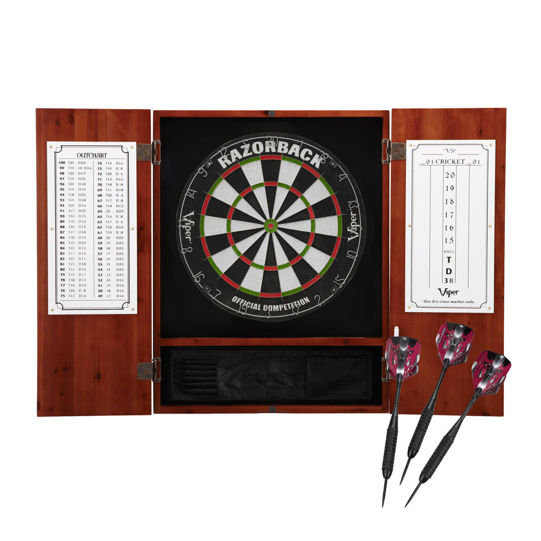 Viper Metropolitan Sisal Fiber Bristle Dartboard and Cabinet Bundle: Premium Set (Razorback Dartboard and Darts), Cinnamon Finish