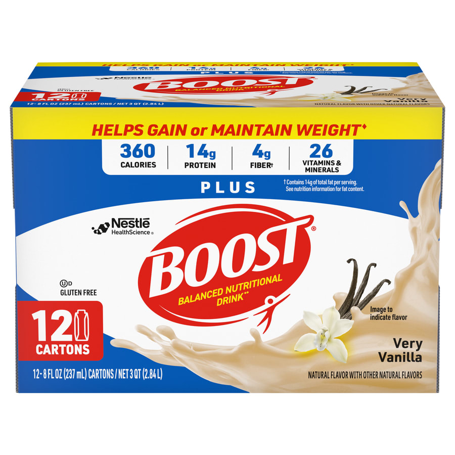 BOOST Plus Nutritional Drink Protein Shakes, Very Vanilla, 8 fl oz, 12 Pack