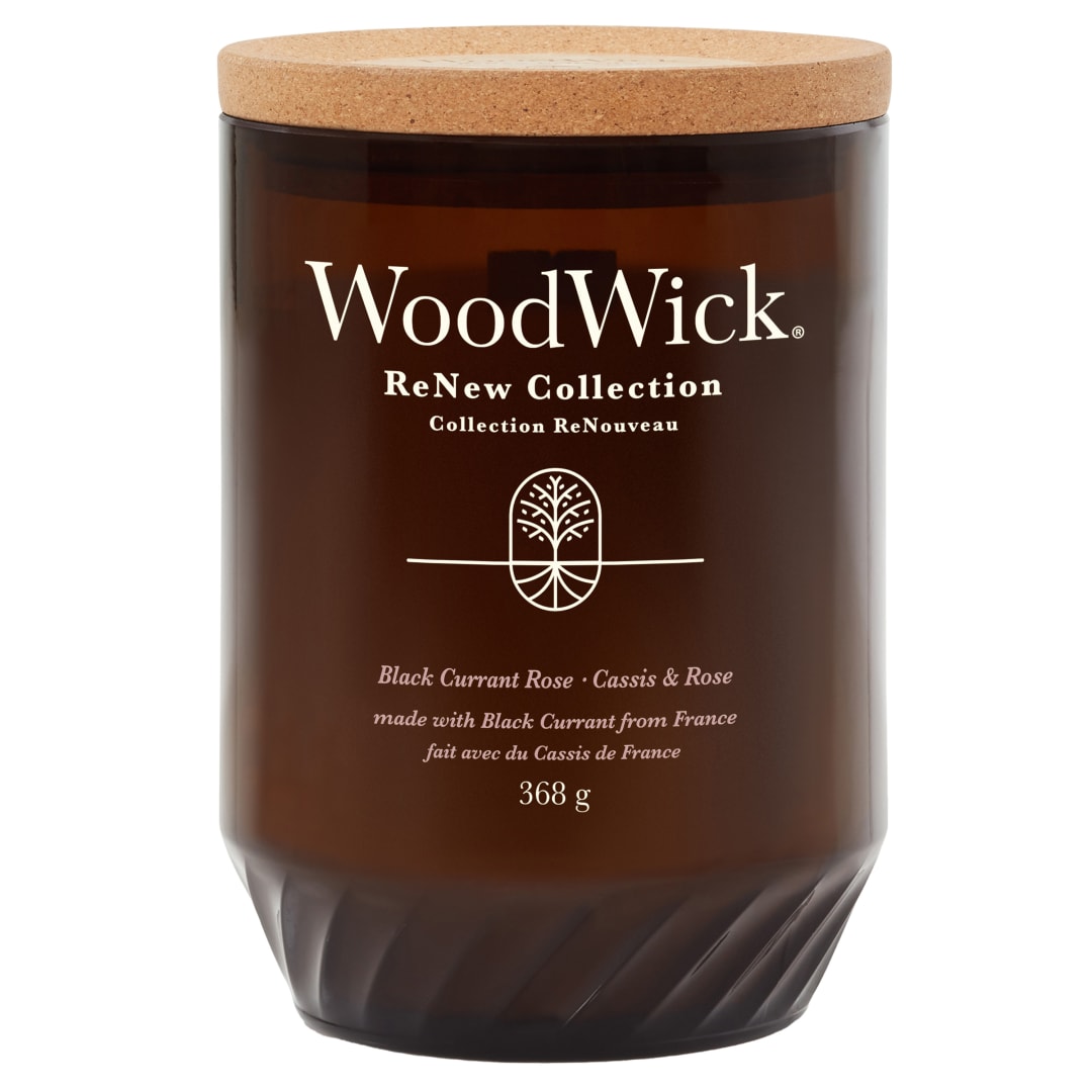 WoodWick ReNew Vela perfumada mecha crepitante | Vela grande de grosella negra y rosa | Mezcla de cera de soja y coco de origen vegetal | Materiales reciclados | Regalo perfecto para mujeres