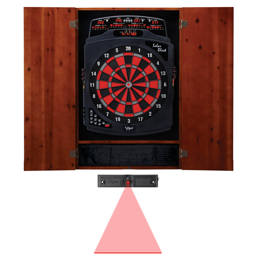 Viper Metropolitan Cinnamon Soft Tip Dartboard Cabinet, Viper Solar Blast Electronic Dartboard, and Throw Line Light