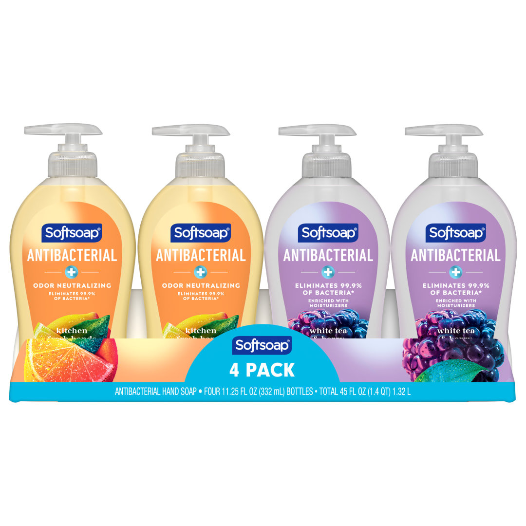 Softsoap Antibacterial Liquid Hand Soap, White Tea and Berry Scent and Kitchen Fresh Hands Scent, 11.25 oz Bottle, 4 Pack