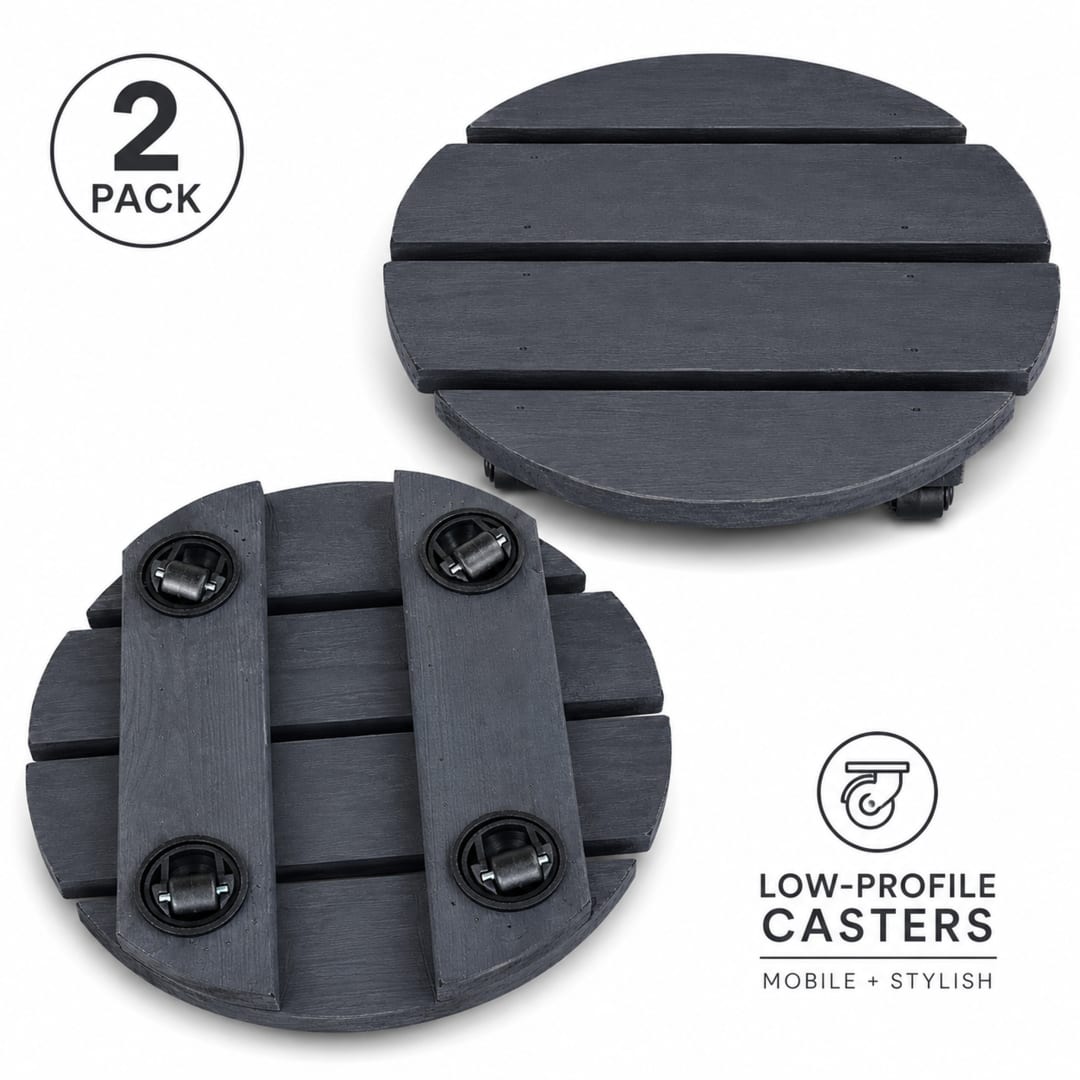 Modern Indoor/Outdoor 12 in. Black Acacia Wood Round Rolling Plant Caddy, 2-Pack