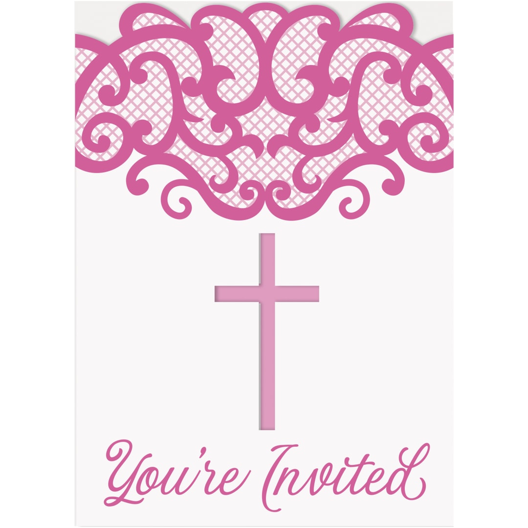 Fancy Pink Cross Invitations, 8ct