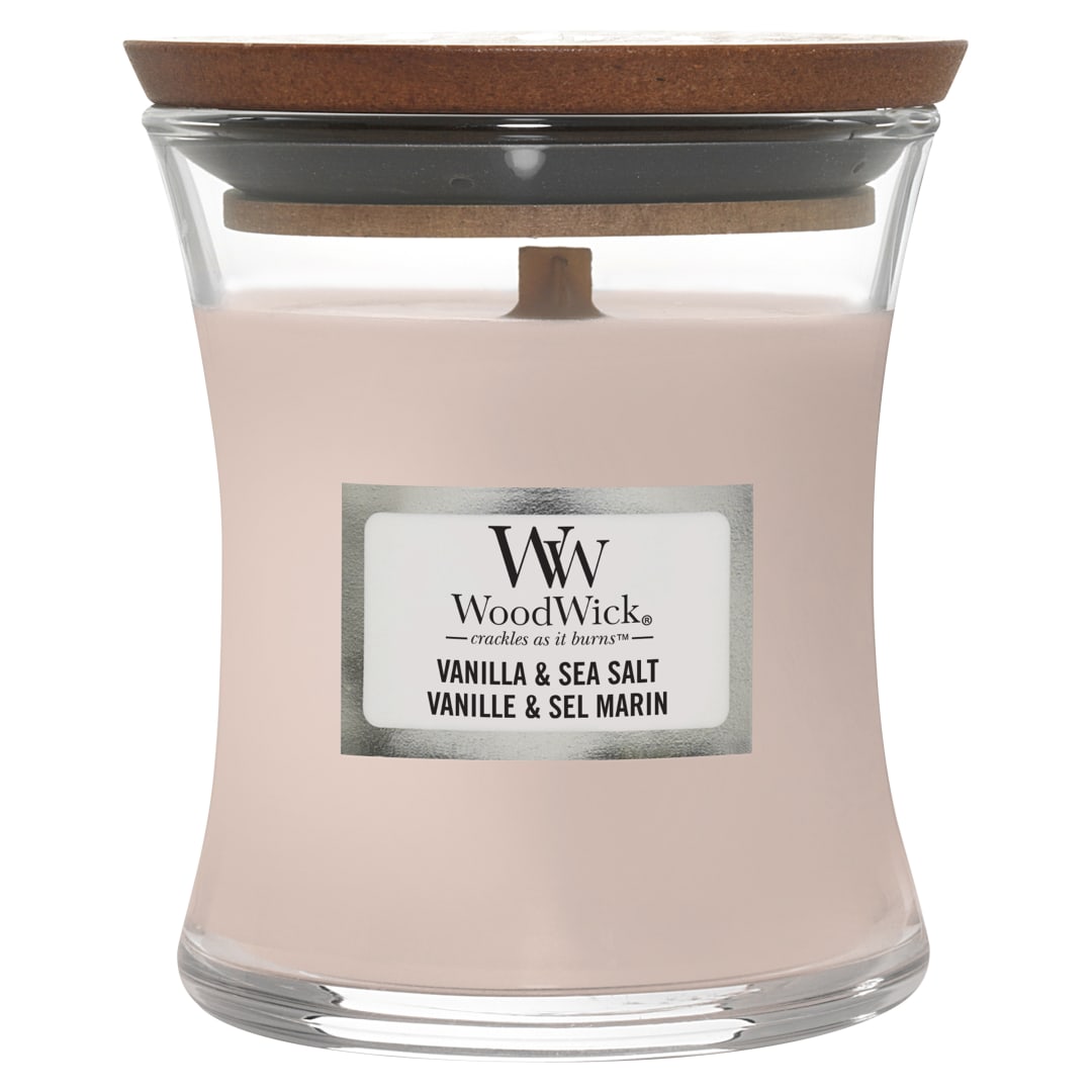 WoodWick Vela perfumada con mecha crepitante | Vela mini Hourglass de vainilla y sal marina | Hasta 20 horas de duración | Regalo perfecto para mujeres