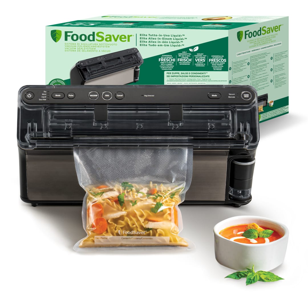 FoodSaver Envasadora al vaco Elite All-in-One Liquid+ | Alimentos hasta 5 veces ms frescos* | Sellado de lquidos | Con 1 rollo (28 cm x 2,43 m) y 4 bolsas para envasar al vaco (0,94 L y 3,78 L)