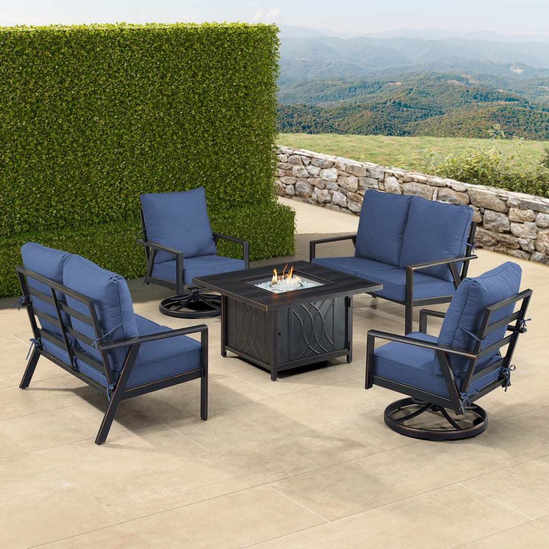 Black Aluminum Patio Fire Table Set with Two Deep Seating Loveseat with Cushions and Two Club Chairs