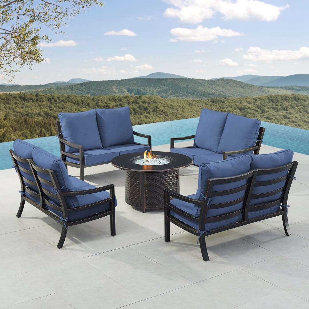 Black Aluminum Patio Fire Table Set with Four Deep Seating Loveseat with Cushions