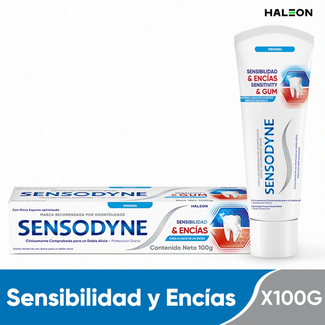 Crema Dental Sensodyne Sensibilidad y Encías, alivio de la sensibilidad dental y problemas de encías x 100 Gr