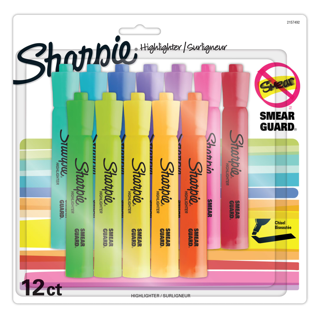 Surligneurs rservoir Sharpie, pointe biseaute, couleurs assorties, 12units