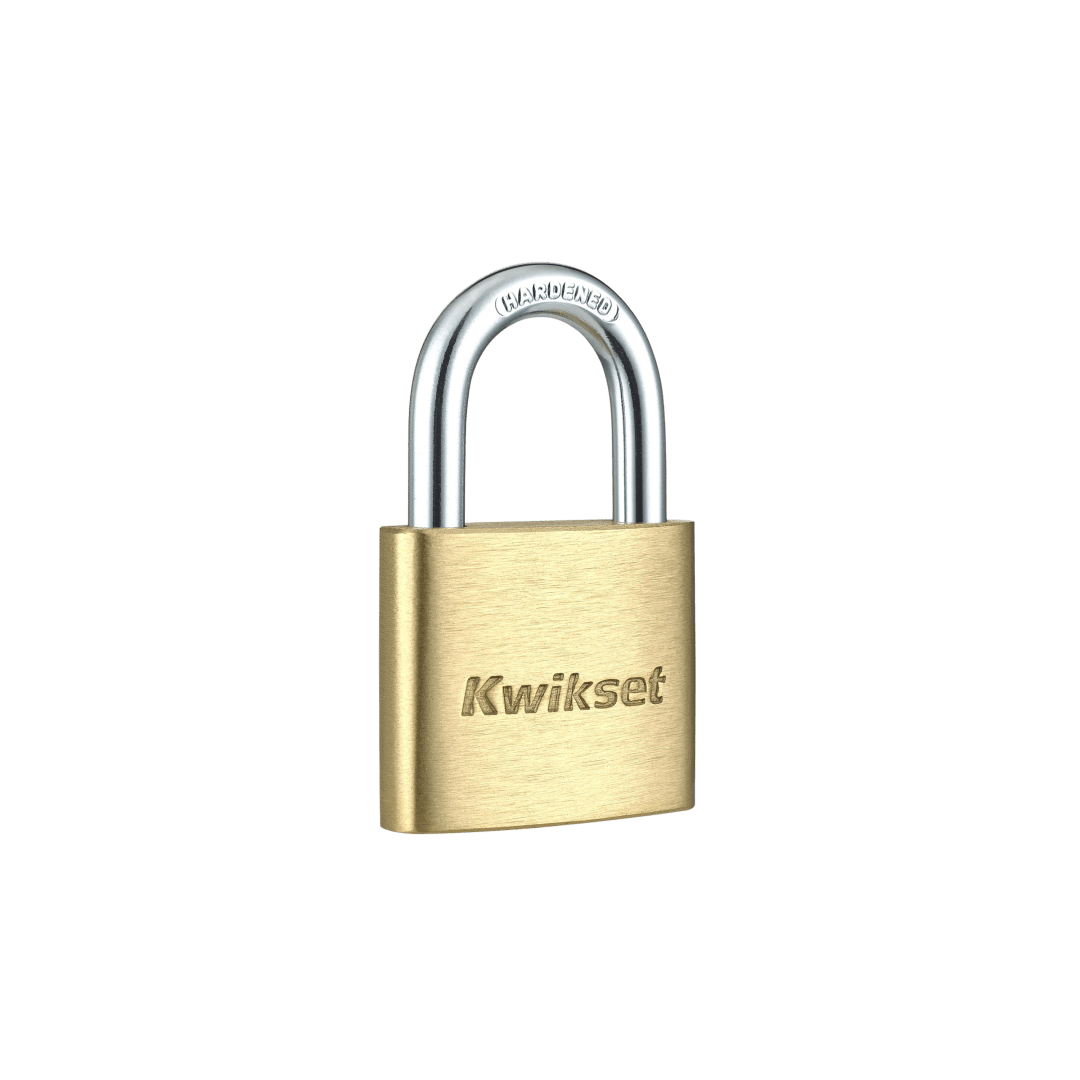 Kwikset Brass Padlock with Hardened Steel Shackle, 1-9/16 in Body, 7/8 in Shackle, 1 Pack