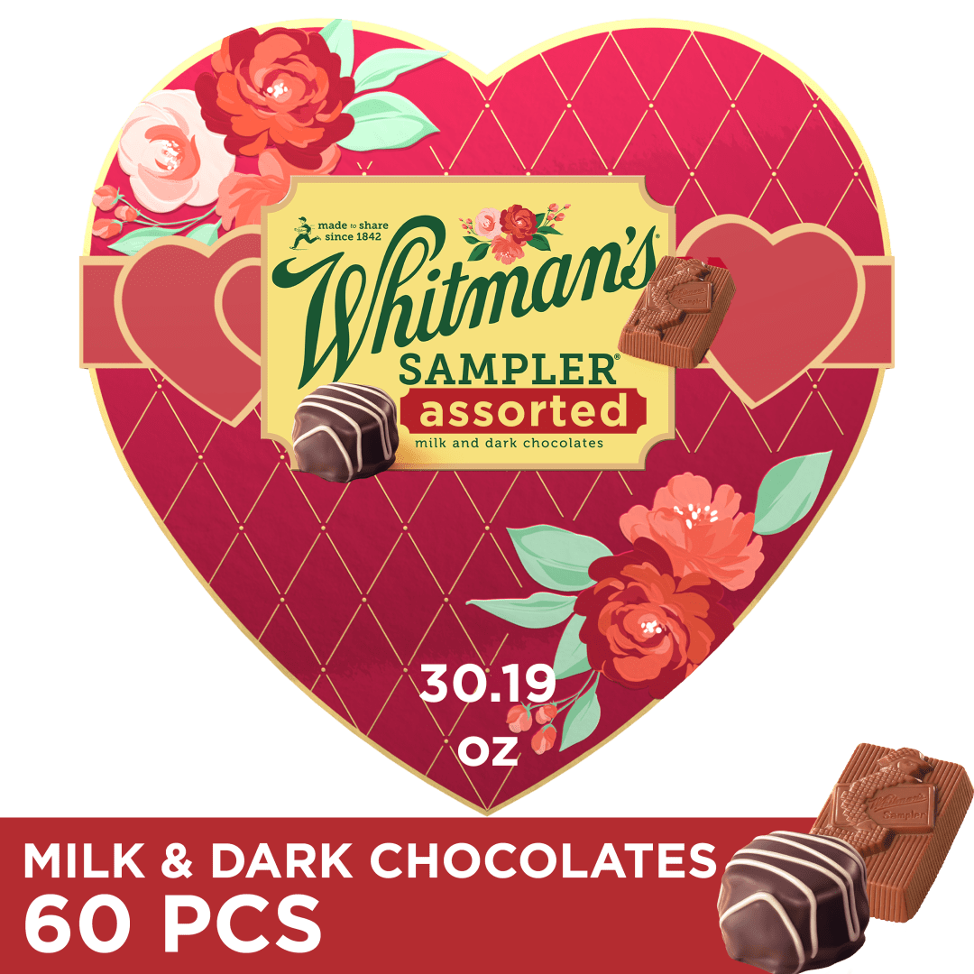 WHITMAN'S SAMPLER Valentine's Day Assorted Milk &amp; Dark Chocolate Jumbo Red Foil Floral Heart Gift Box, 30.19 oz.