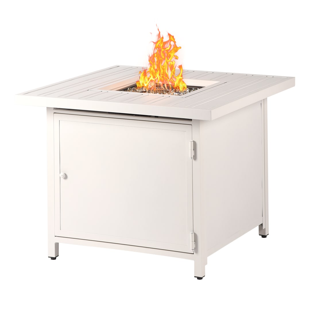 Square 32 in. x 32 in. Aluminum Propane Fire Pit Table with Glass Beads, Two Covers, Lid, 37,000 BTUs in White Finish