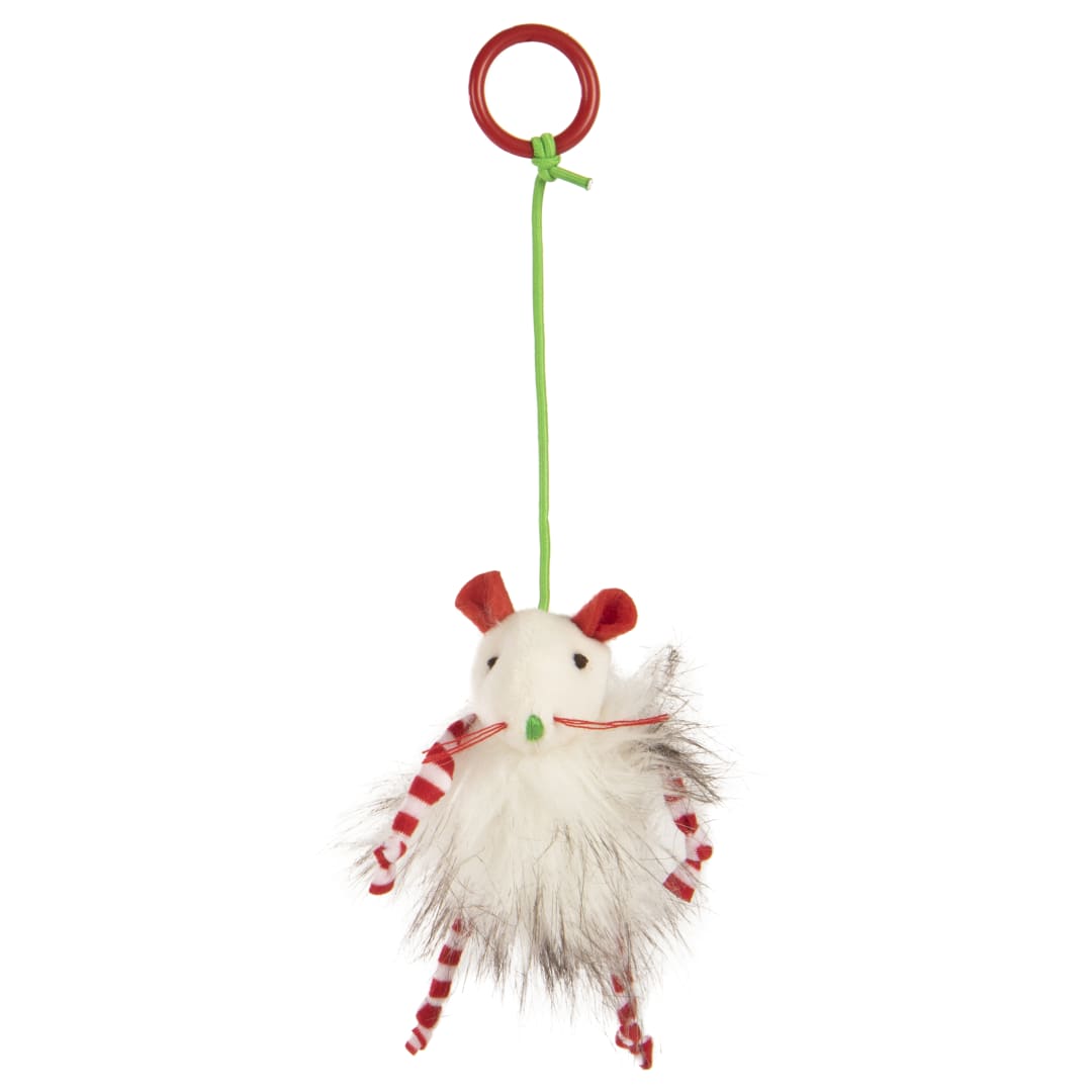 SmartyKat Festive Bouncy Mouse Interactive Teaser Holiday Cat Toy, Bouncing Plush Mouse on Elastic String, Tested to Child Safety Standards