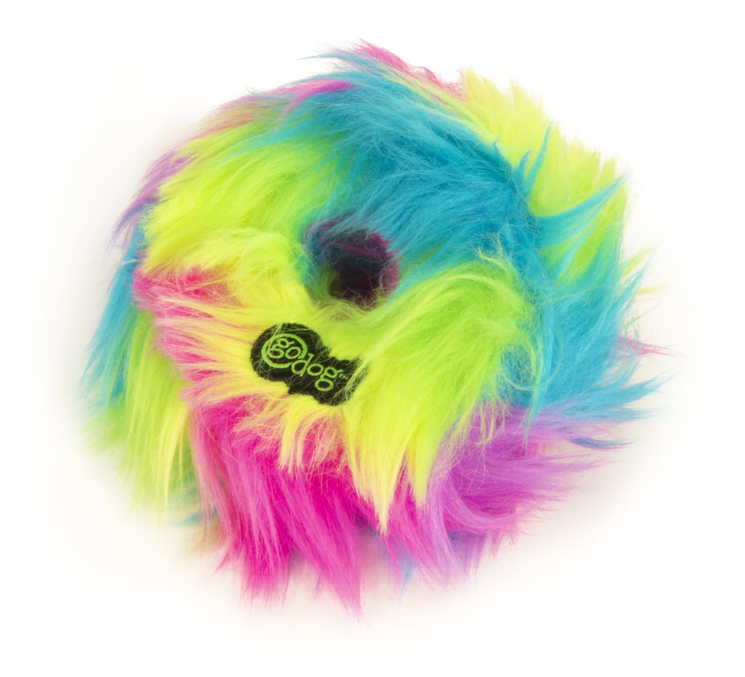 goDog Furballz Rings Squeaker Dog Toy, Chew Resistant, Durable Plush, Soft, Tough, Reinforced Seams, Rainbow, Small