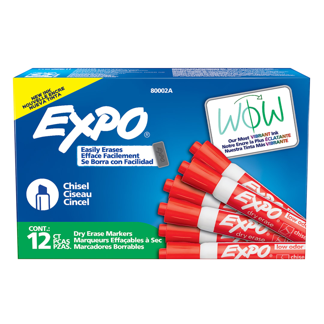 EXPO Dry Erase Markers, Low Odour Ink, Red, Chisel Tip, 12 Count