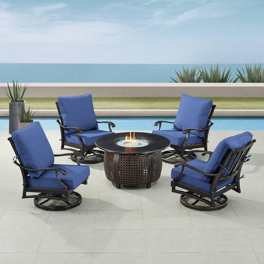Black Aluminum Patio Fire Table Set with Four Club Chairs