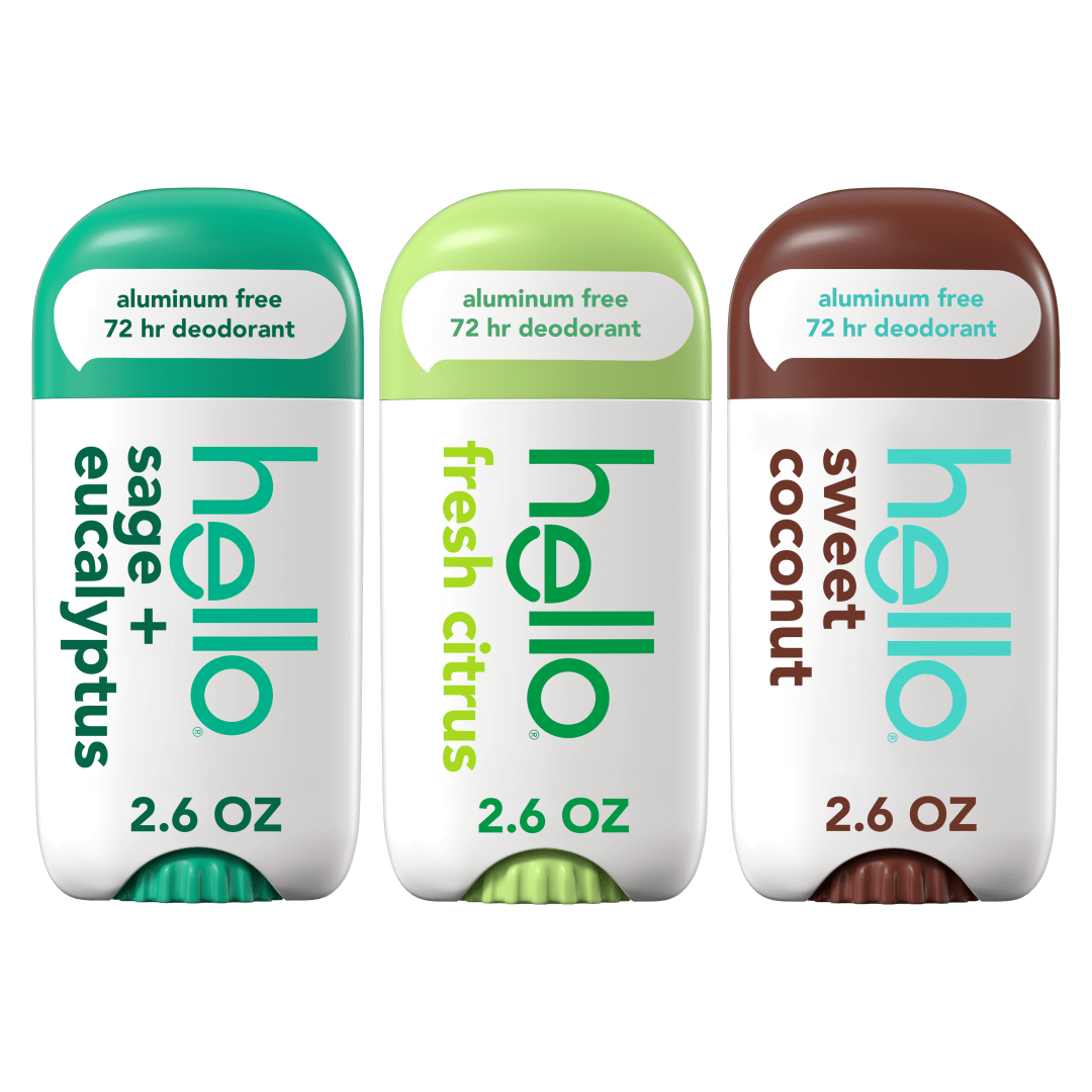 hello Aluminum Free Deodorant Variety 3-Pack for Women and Men, 72-Hour Deodorant, 9 Ingredients, Shea Butter, Vegan, Sage + Eucalyptus, Fresh Citrus, Sweet Coconut, 2.6 oz (Pack of 3)