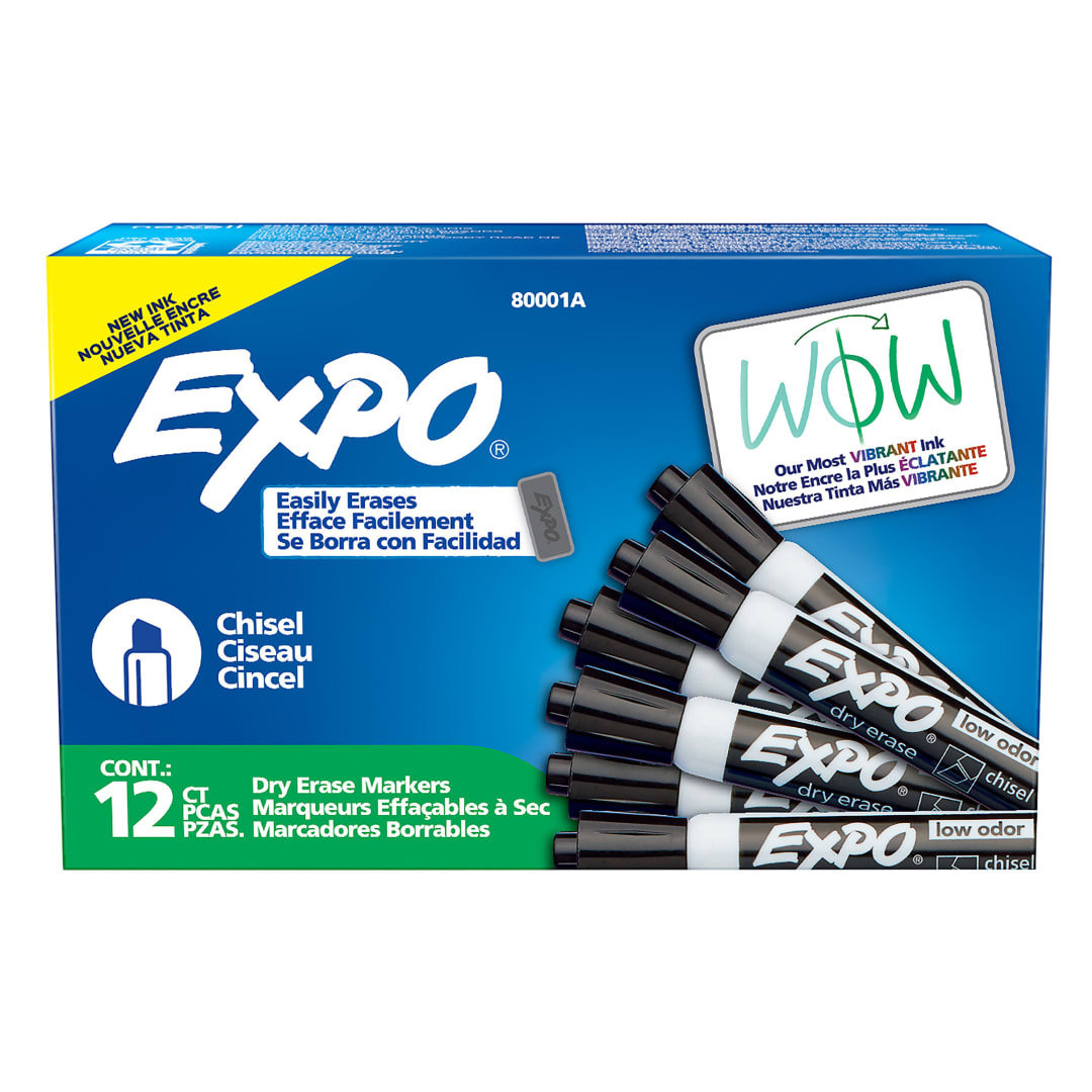 EXPO Dry Erase Markers, Low Odour Ink, Black, Chisel Tip, 12 Count