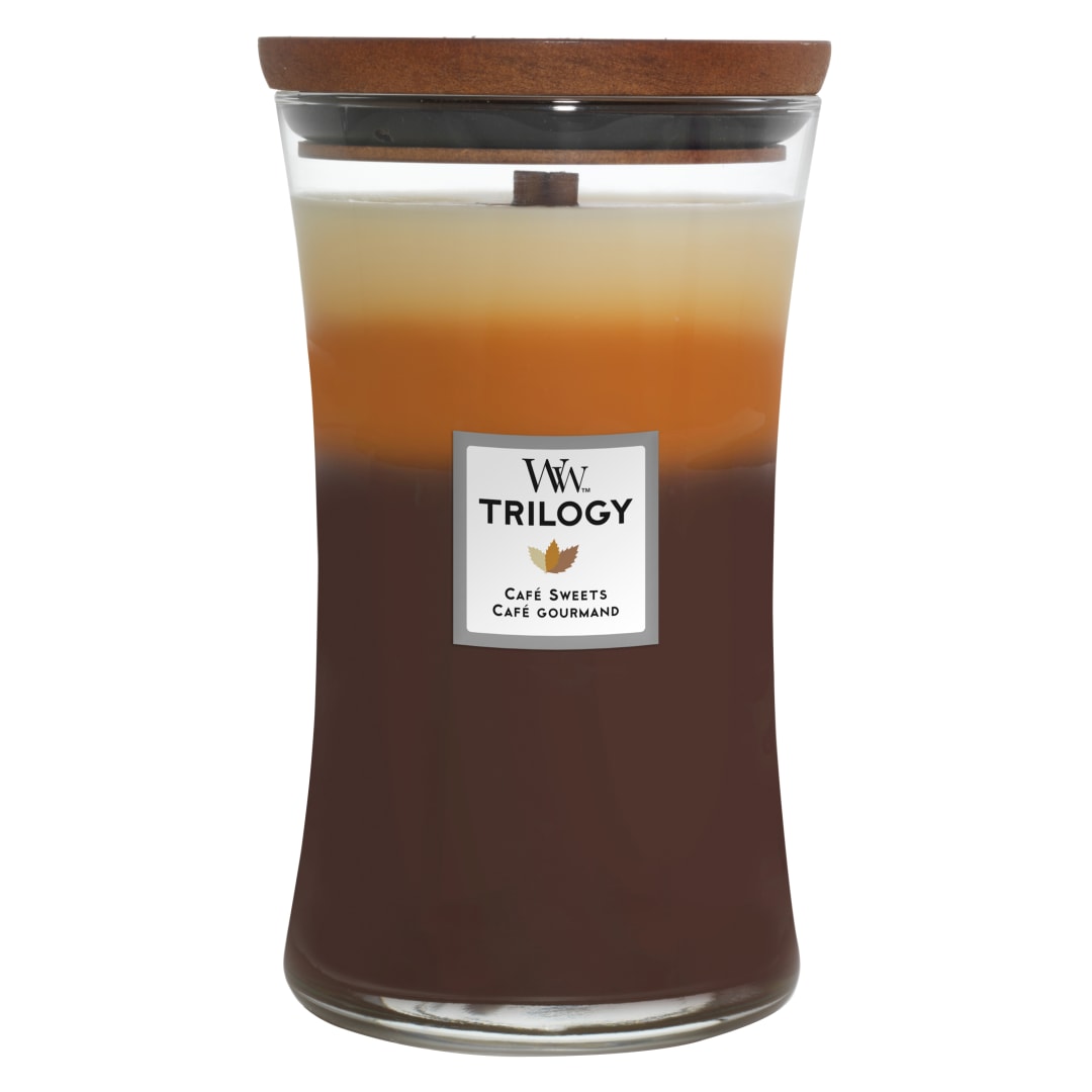 WoodWick Hourglass Trilogy Vela perfumada mecha crepitante | Dulces para el café | Hasta 130 horas de duración