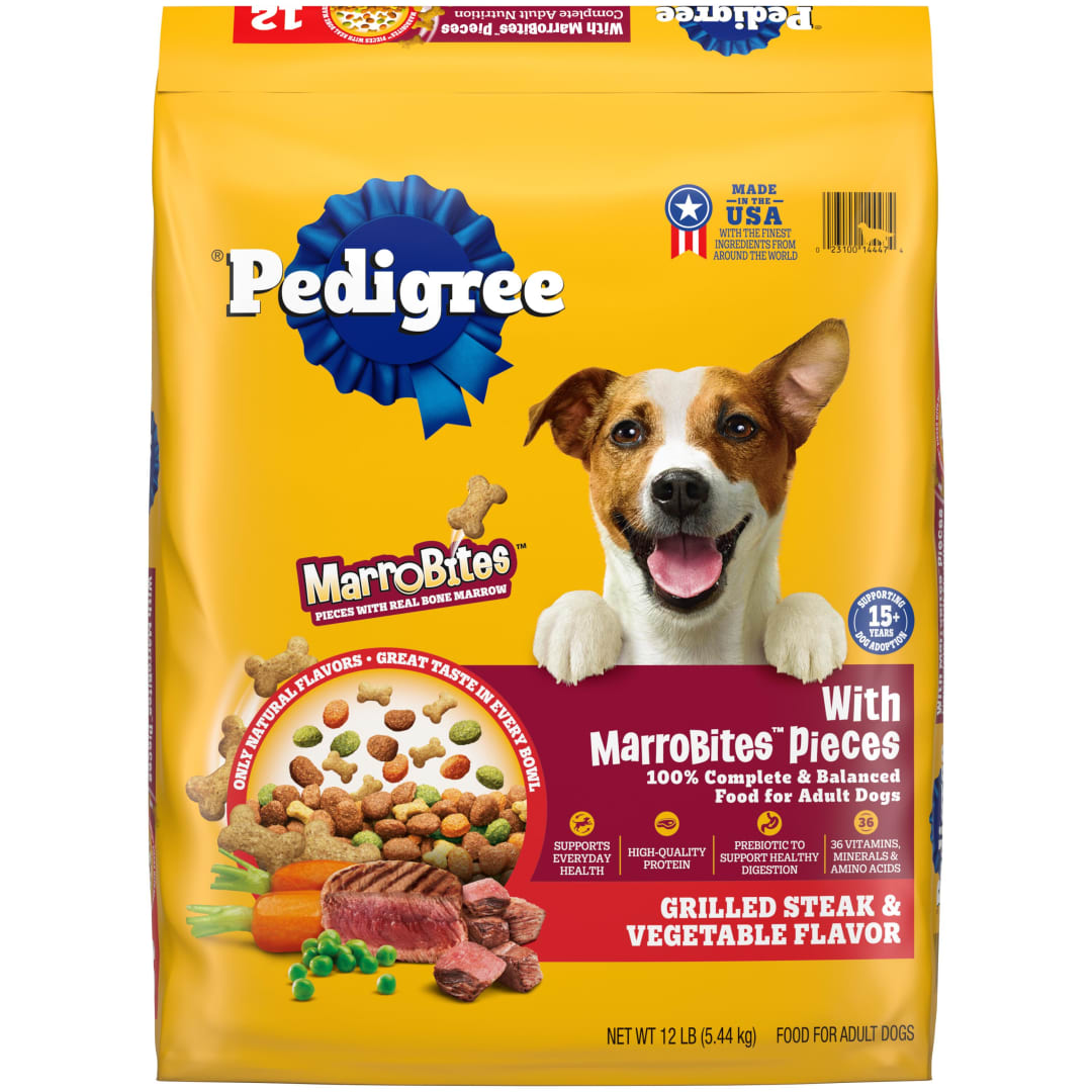 Pedigree With MarroBites Pieces Adult, Grilled Steak and Vegetable Flavor Dry Dog Food, 12 lb Bag