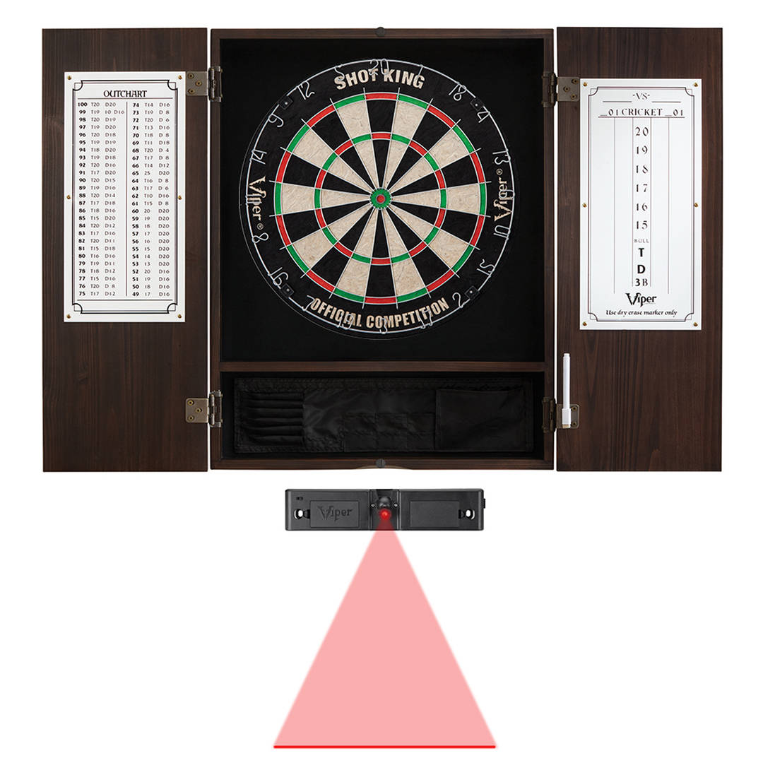 Viper Espresso Metropolitan Steel Tip Cabinet, Viper Shot King Bristle Dartboard, and Throw Line Light