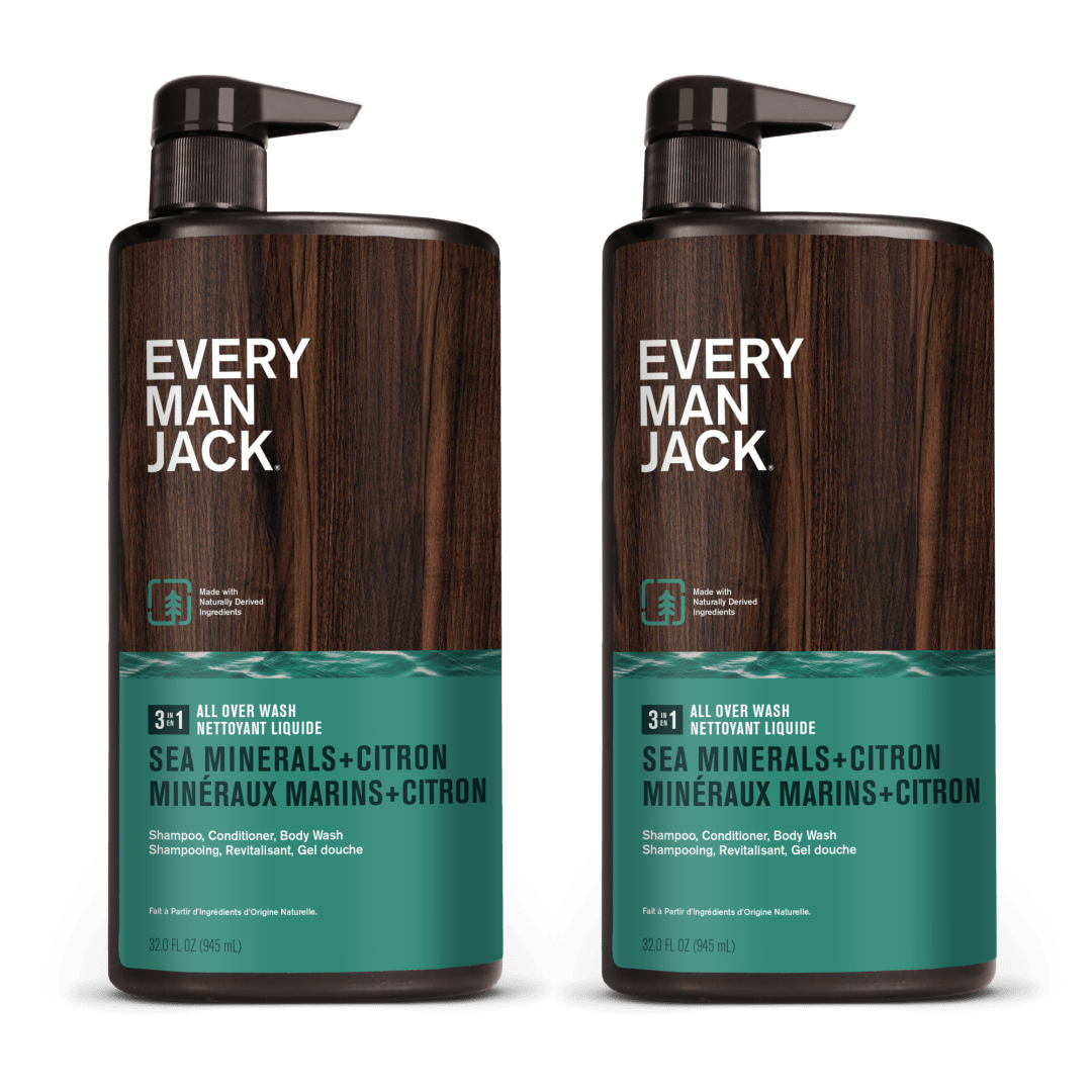 Every Man Jack Sea Minerals + Citron Mens 3-in-1 All Over Wash for All Skin and Hair Types - Notes of Sea Mineral, Bergamot, Citrus - Cleanse, Nourish, and Protect Your Skin and Hair with Naturally Derived Soy Proteins, Aloe, Glycerin - 2 Bottles