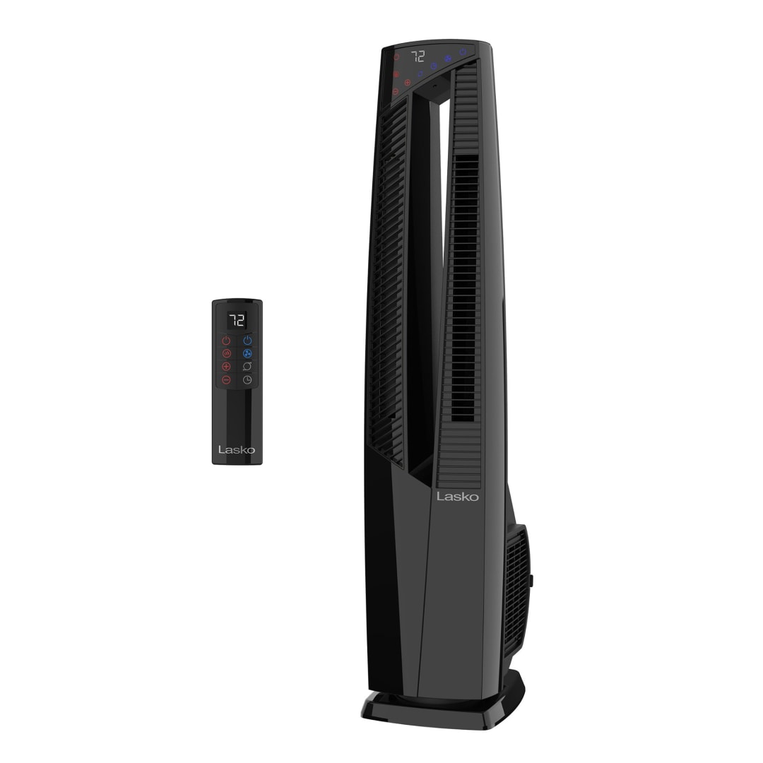 Lasko DUO Comfort 1500-Watt High Velocity Tower Fan and Space Heater with WhisperForce DC Technology, Child Lock and Remote Control, Black