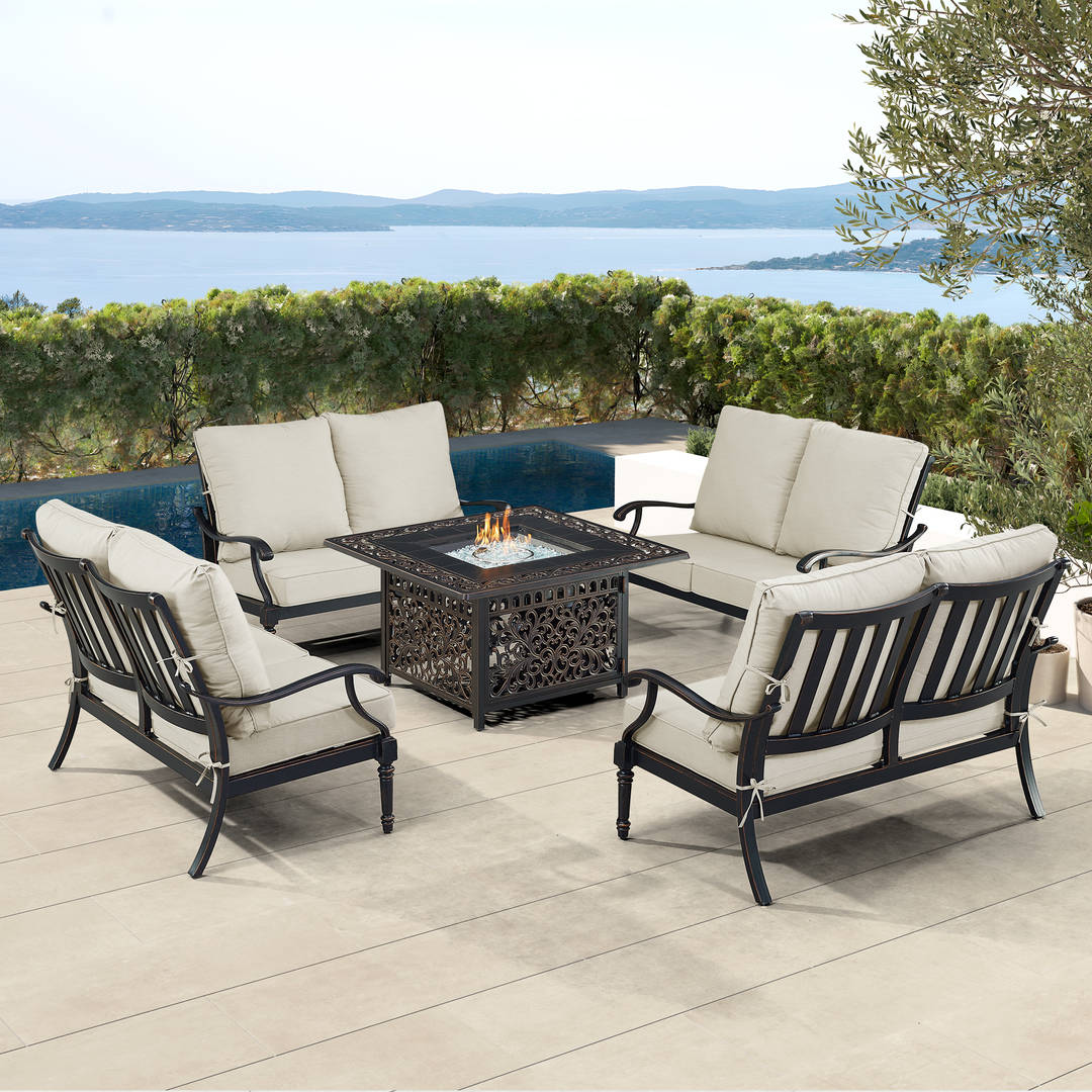 Black Aluminum Patio Fire Table Set with Four Deep Seating Loveseat with Cushions