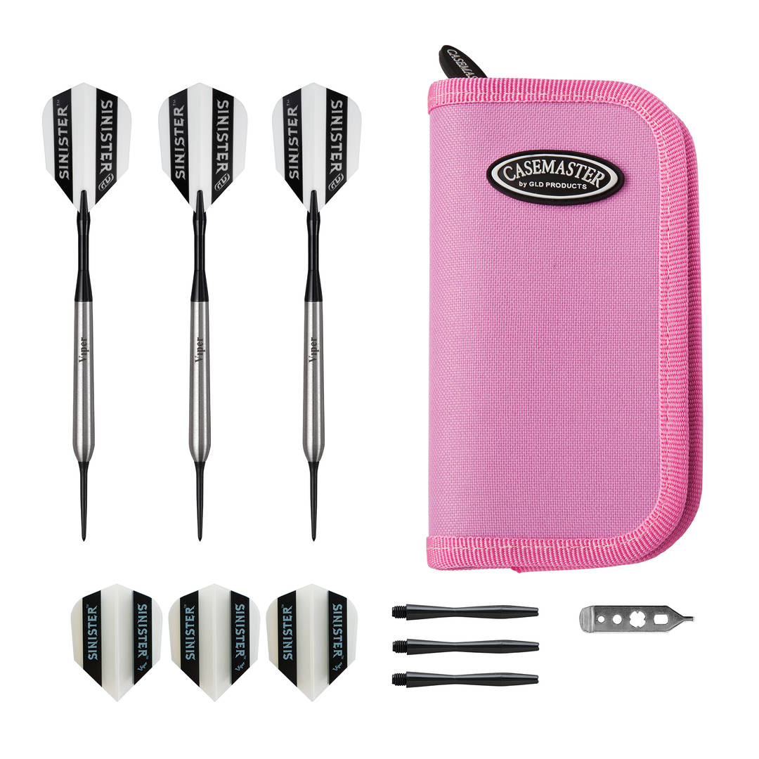 Viper Sinister Tungsten Steel Tip Darts 25 Grams and Casemaster Deluxe Pink Nylon Dart Case