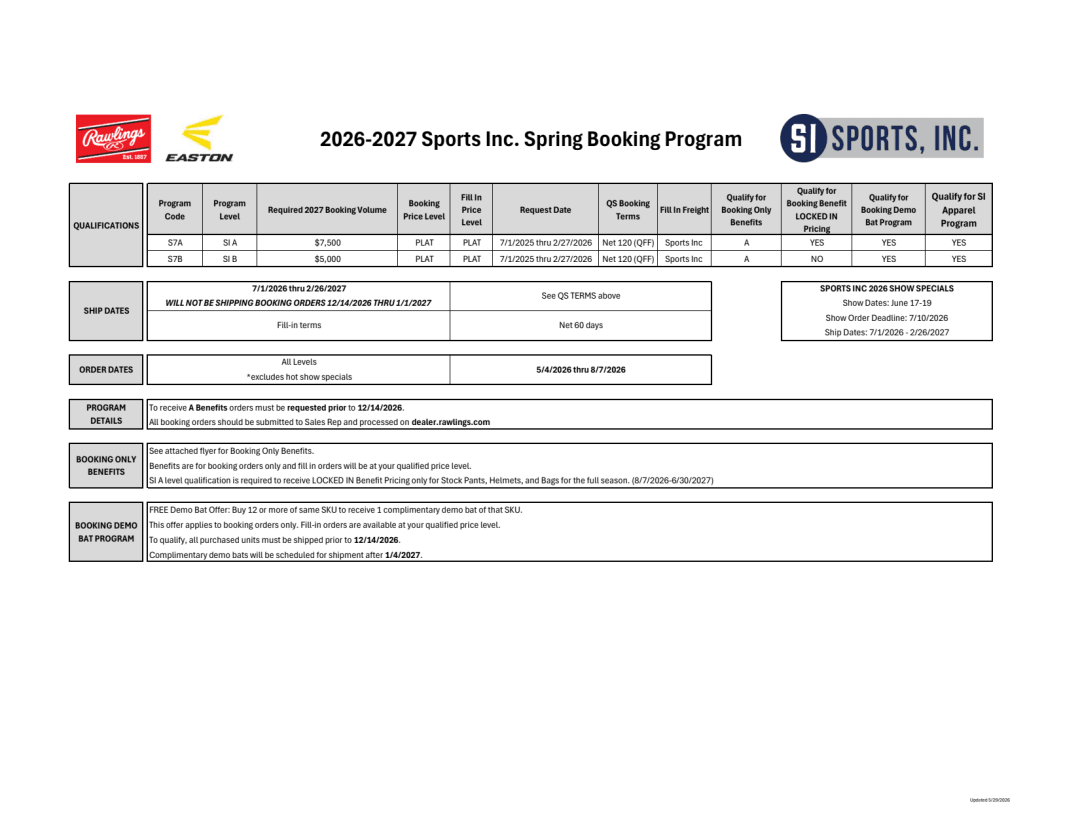 16. 2026-2027 Sports Inc. Spring Booking Program