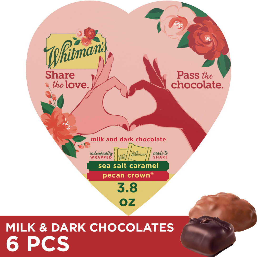 WHITMAN'S Valentine's Day Heart Hands Milk & Dark Chocolate Candy Gift Box, 3.8 oz.