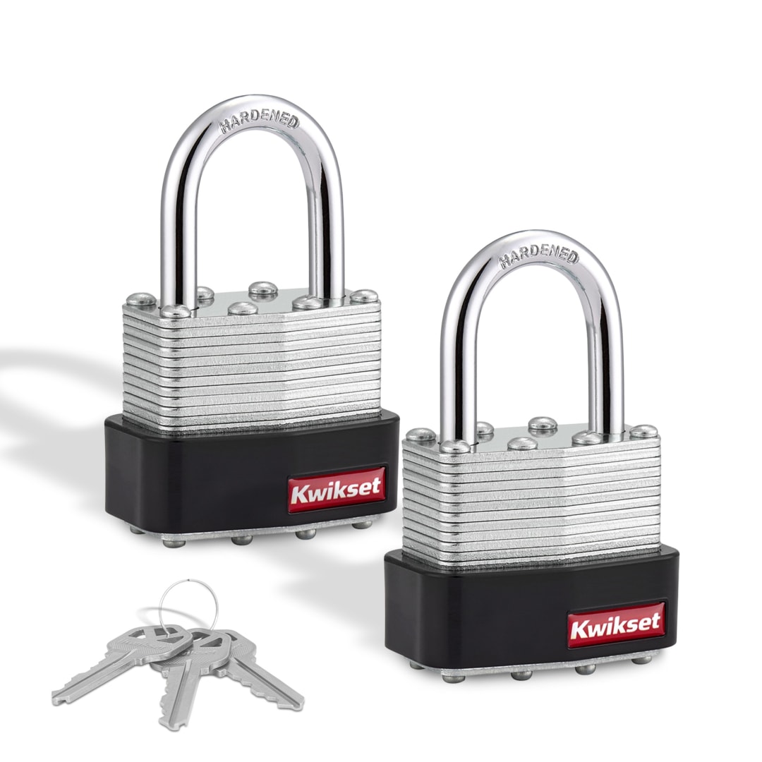Kwikset Laminated Steel Padlock with Hardened Steel Shackle, 1-9/16 in Body, 1 in Shackle, 2 Pack