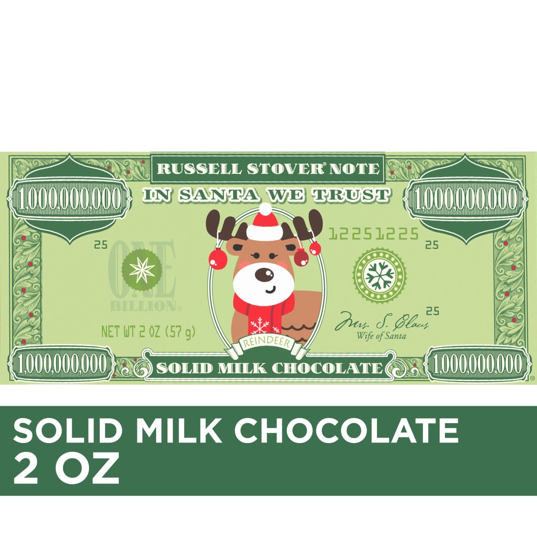 RUSSELL STOVER Christmas Reindeer Solid Milk Chocolate Money Candy Bar, 2 oz.