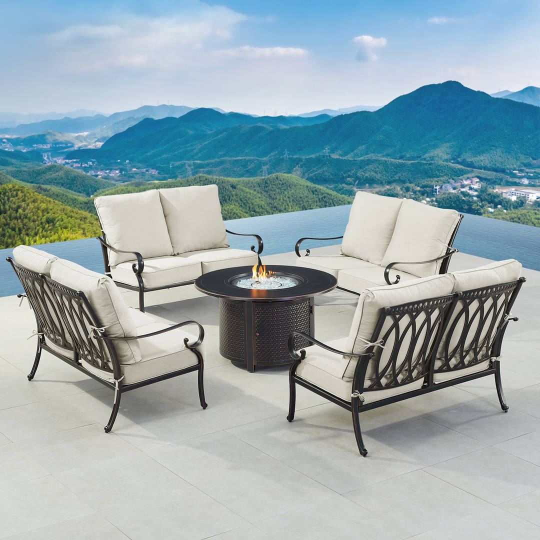 Black Aluminum Patio Fire Table Set with Four Deep Seating Loveseat with Cushions