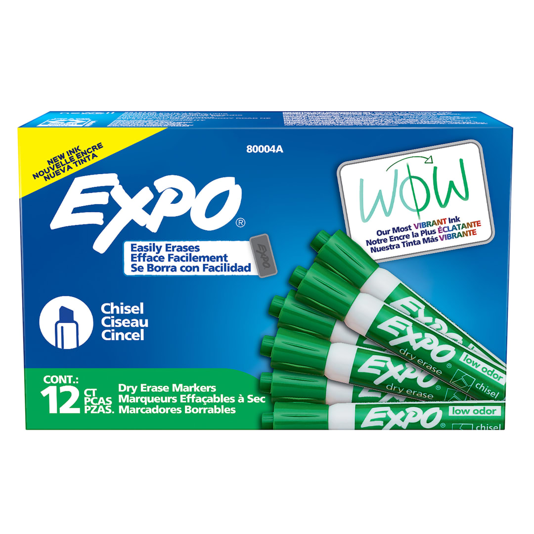 EXPO Dry Erase Markers, Low Odour Ink, Green, Chisel Tip, 12 Count