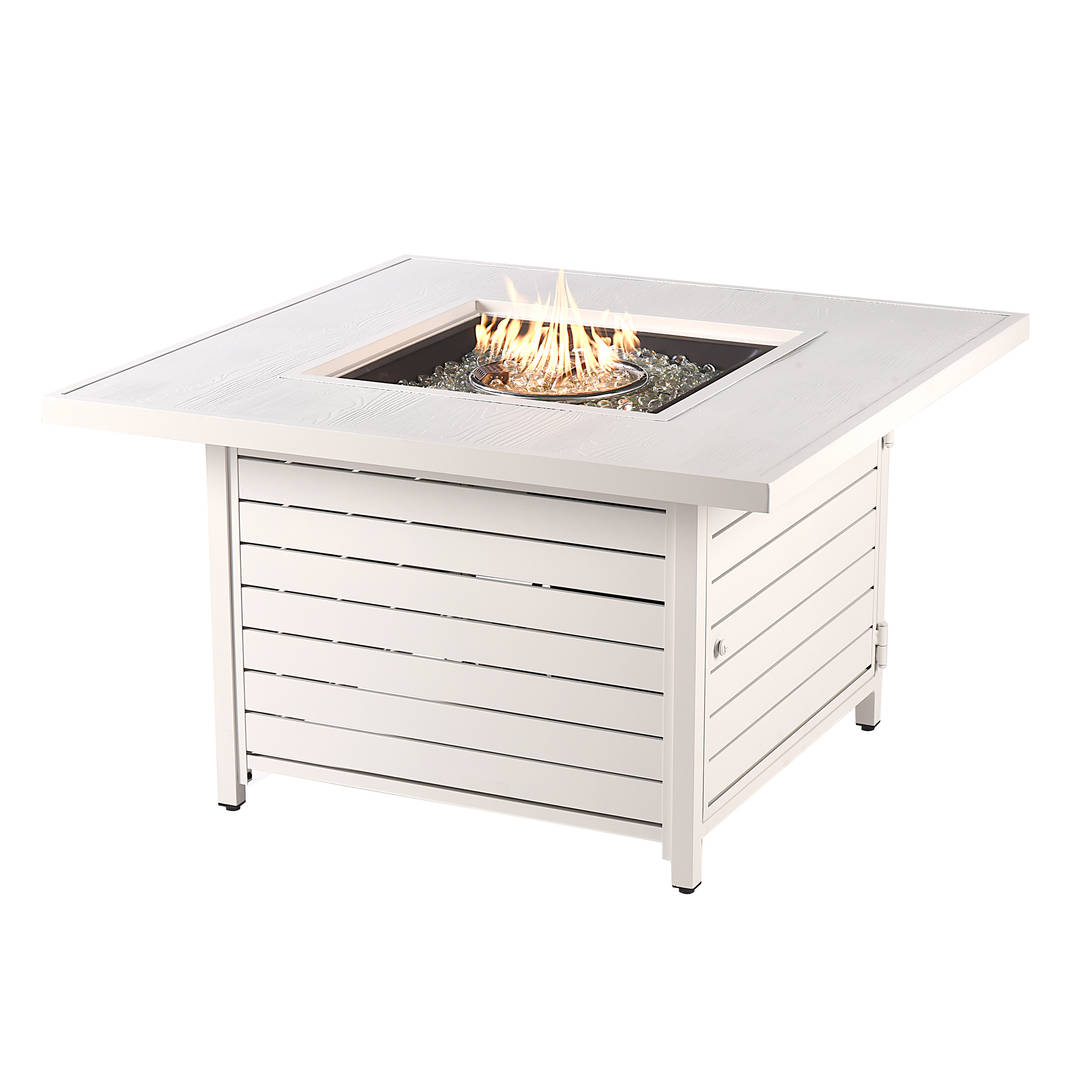Square 42 in. x 42 in. Aluminum Propane Fire Pit Table with Glass Beads, Two Covers, Lid, 55,000 BTUs in White Finish