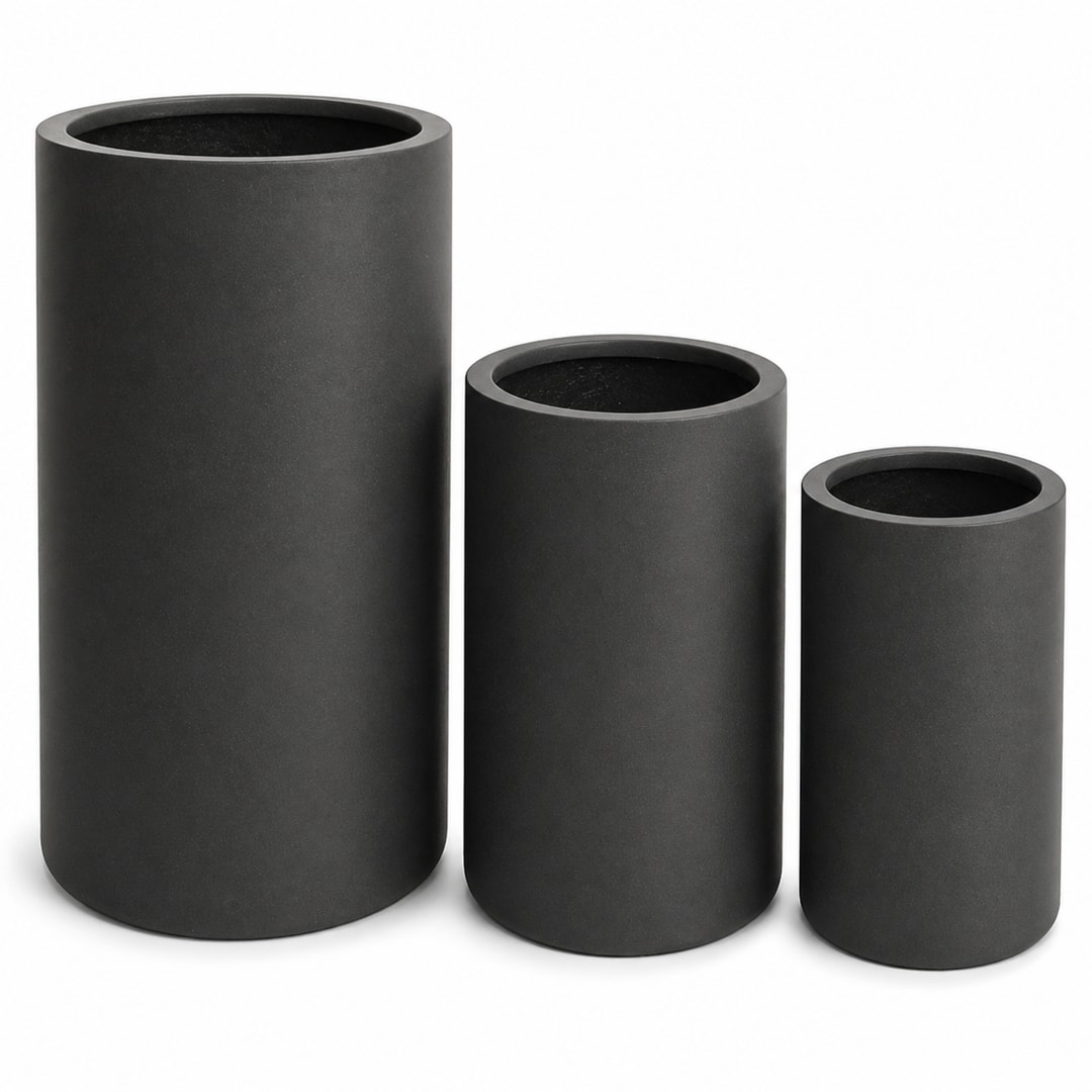 Set of 3 Tall Cylinder Polystone Indoor/Outdoor Planters, Black