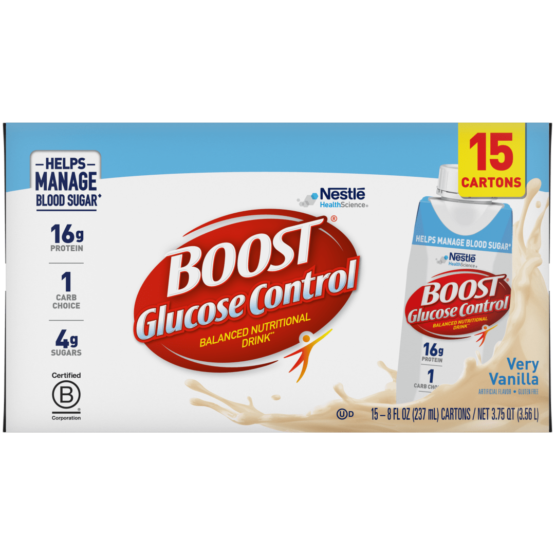 BOOST Glucose Control Nutritional Drink Protein Shakes, Very Vanilla, 8 fl oz, 15 Pack