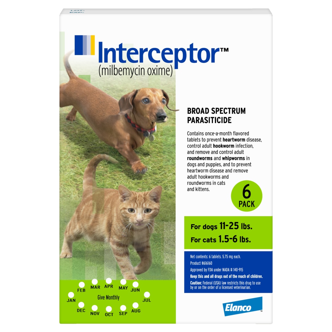 Interceptor Tablets, 11-25 lbs. for Dogs and 1.5-6 lbs. for Cats (Green), 6-Month Supply