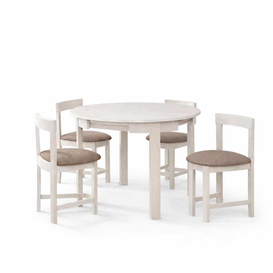 Modern 5-Piece 40.5 Inch Round Dining Set, White Wash Finish with Oat Polyester Upholstered Chairs, Solid Rubberwood