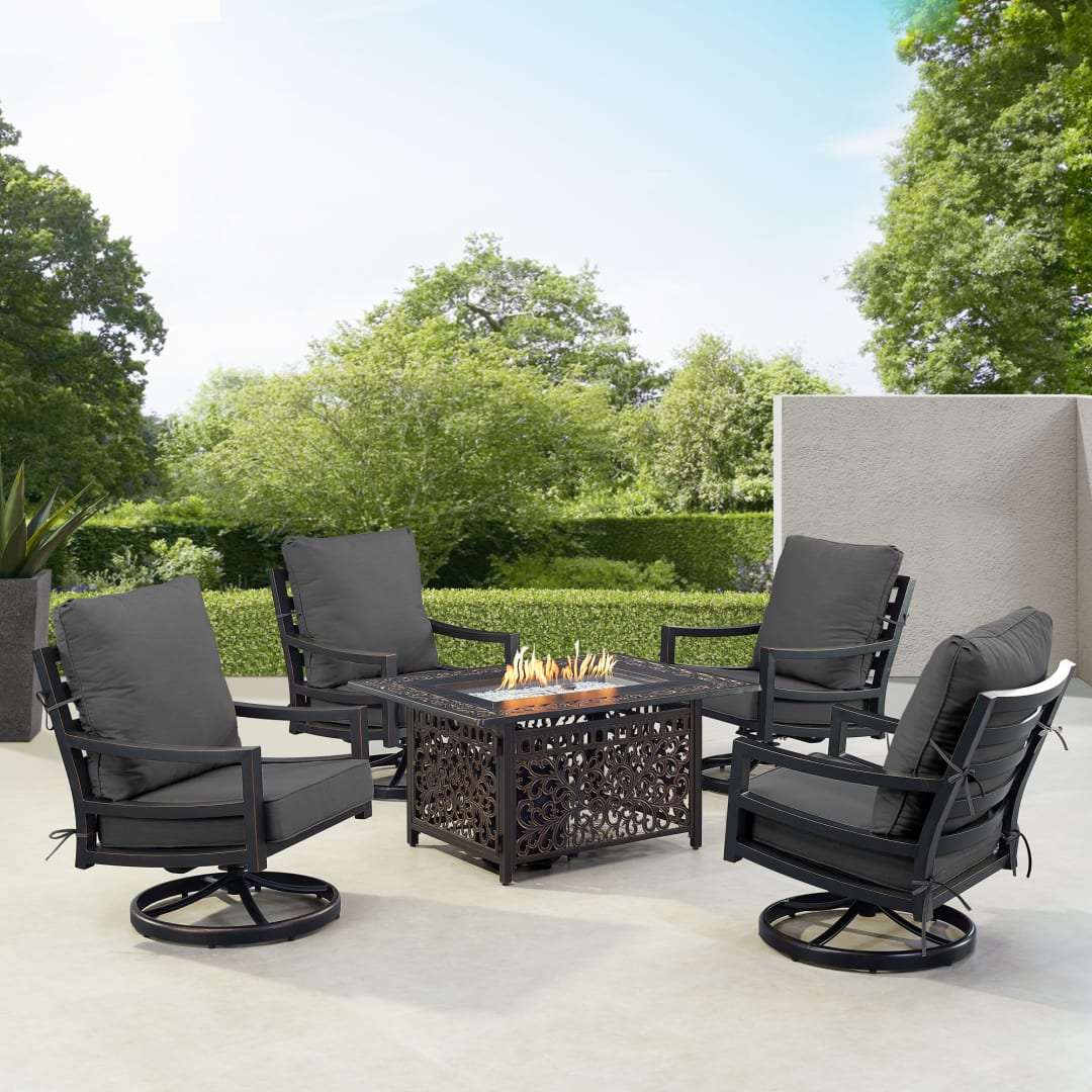 Black Aluminum Patio Fire Table Set with Four Club Chairs