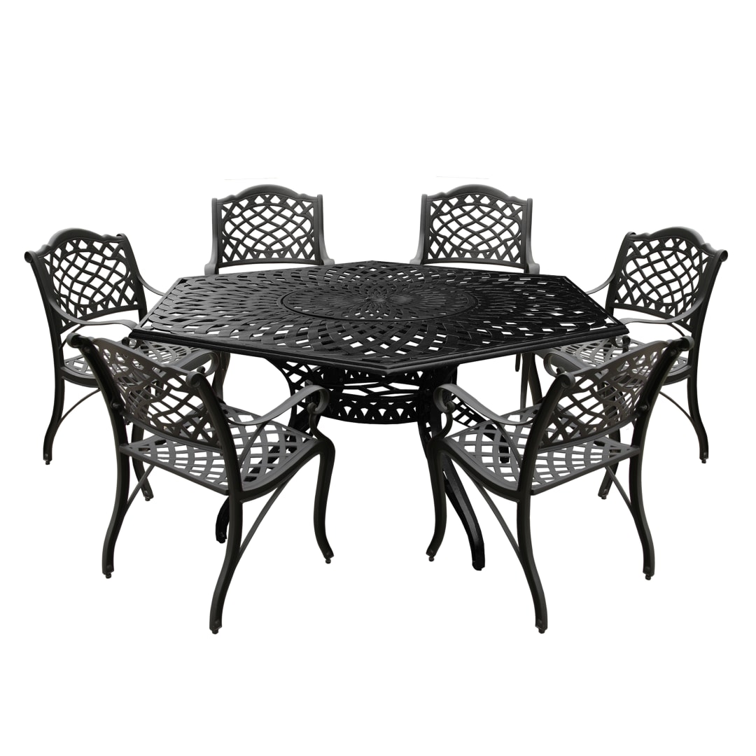 Modern Ornate Outdoor Mesh Aluminum 63-in Large Black Hexagon Patio Dining Set with Lazy Susan and Six Chairs
