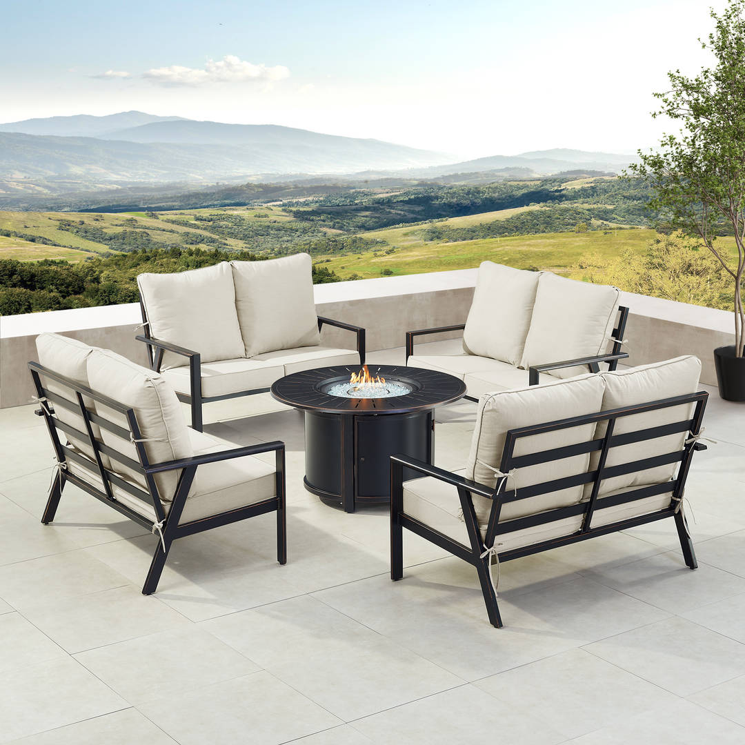Black Aluminum Patio Fire Table Set with Four Deep Seating Loveseats with Cushions