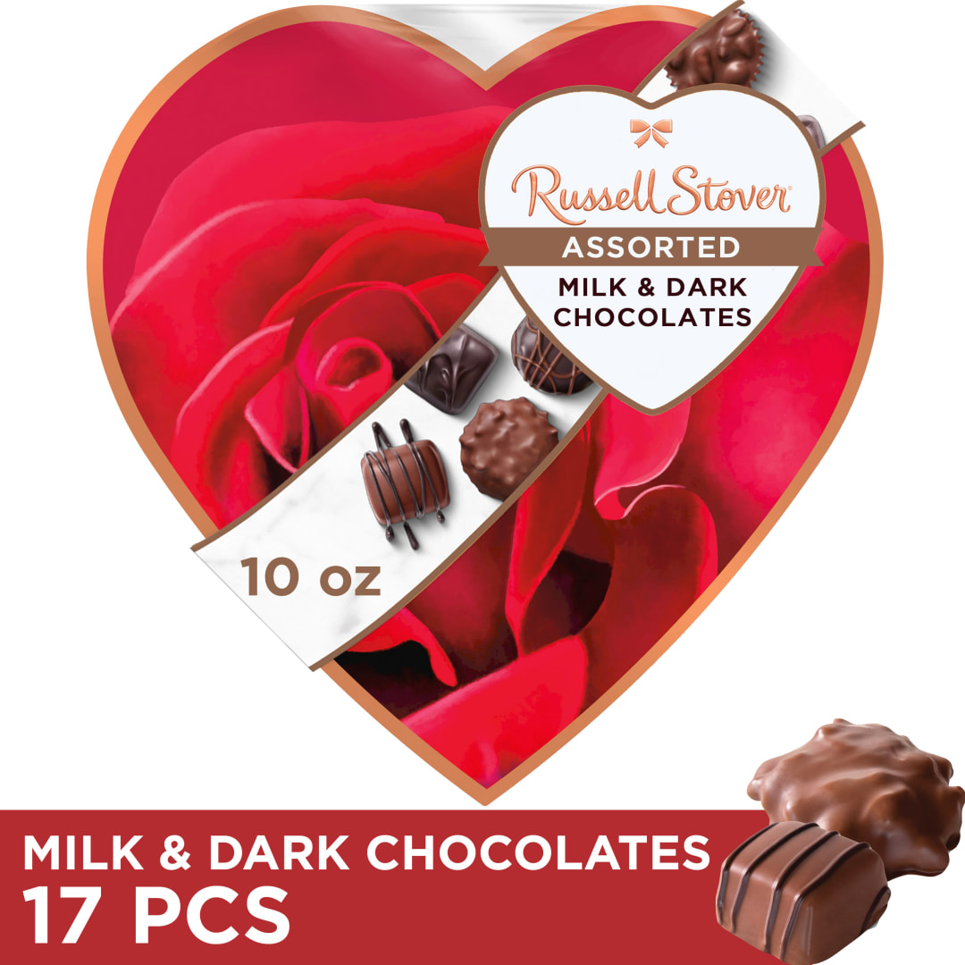 RUSSELL STOVER Valentine's Day Romantic Roses Assorted Milk & Dark Chocolate Candy Heart Gift Box, 10 oz.