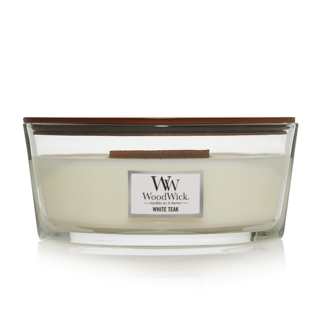 WoodWick Ellipse Vela perfumada | Teca blanca | con mecha crepitante | Tiempo de combustión: hasta 50 horas