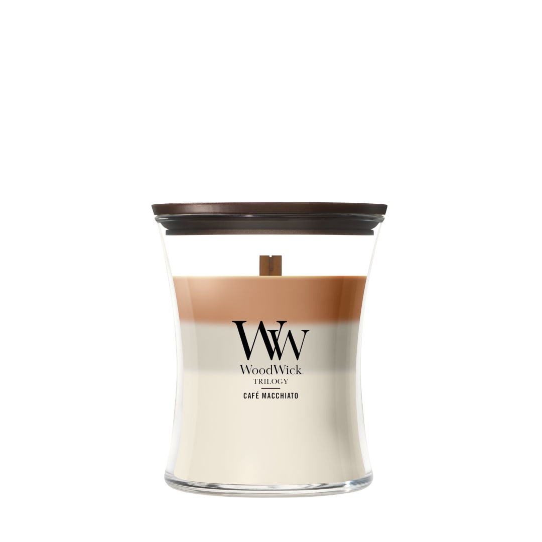 WoodWick Vela perfumada | Vela de tamaño mediano en forma de reloj de arena | Café Macchiato | Regalos perfectos para mujeres