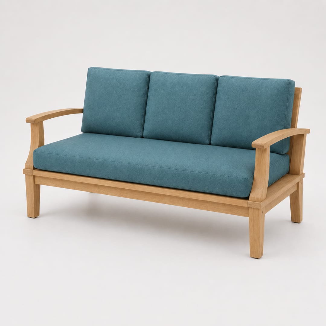 69" Teak Outdoor Patio Sofa with Sea Green Cushions