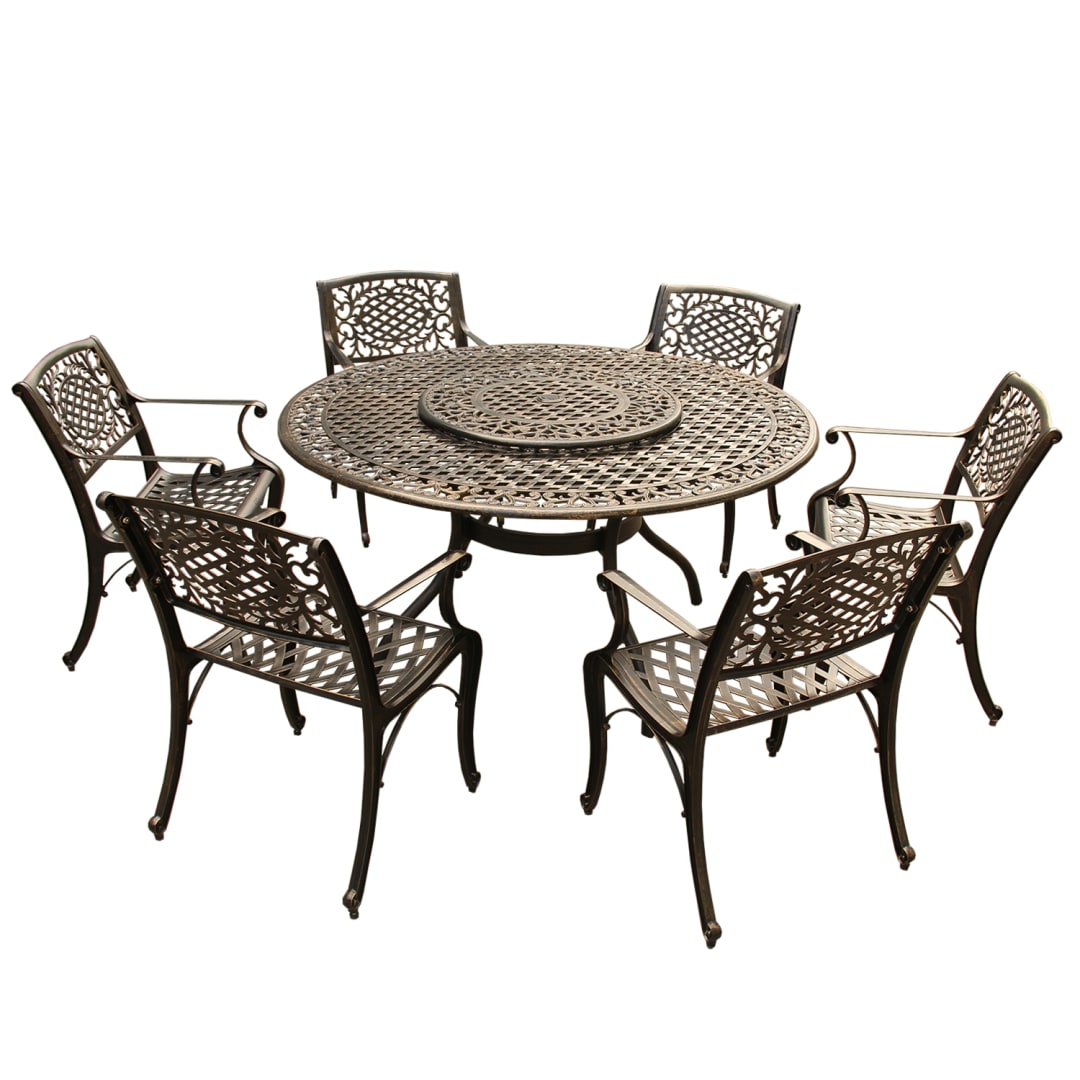 Ornate Traditional Outdoor Mesh Lattice Aluminum 59 inch Bronze Round Dining Set with Lazy Susan and Six Chairs