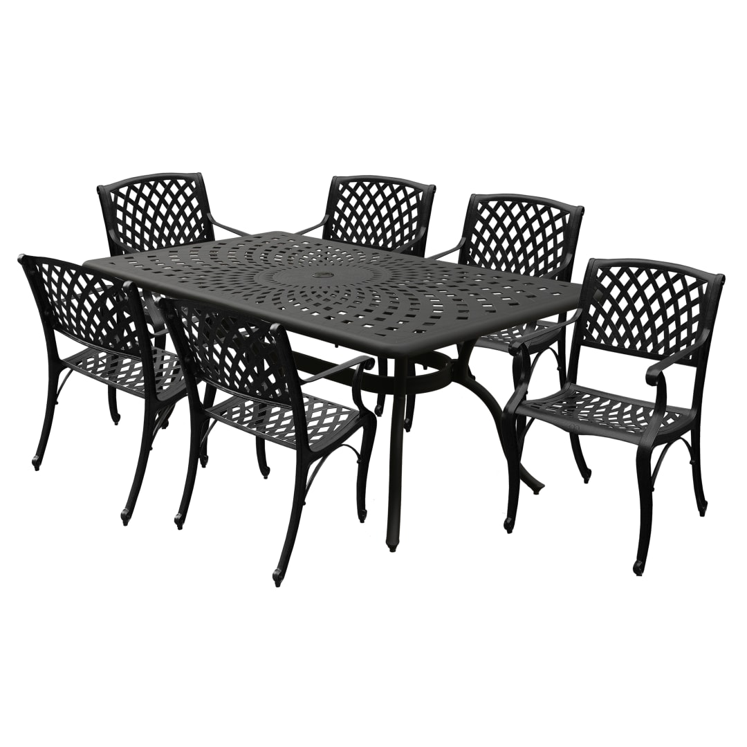 Modern Ornate Outdoor Mesh Aluminum 67-in Black Rectangular Patio Dining Set with Six Chairs